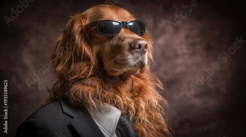 Dog in suit and sunglasses posing against a textured background