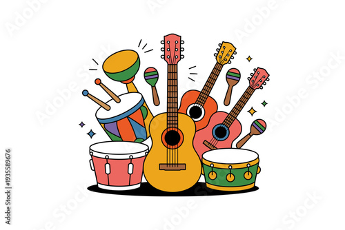 A colorful illustration of musical instruments including guitars and drums