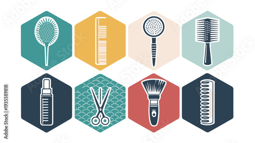 Vector icons of modern beauty tools and hair care products in a colorful collection