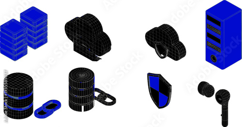 3D wireframe technology icons, servers, cloud security, database storage, cybersecurity shield, wireless earbuds, digital infrastructure concept, futuristic tech illustration, modern UI design