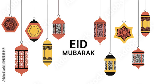 Eid Mubarak Celebration with Hanging Lanterns and Stars Decorations