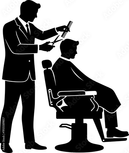 Barber cutting customer hair with scissors and comb, seated in traditional chair, grooming service silhouette, professional hairstyling, black-and-white illustration