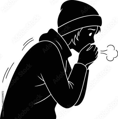 Black and white winter illustration, person in beanie and hooded jacket, visible breath, shivering motion lines, cold weather concept, seasonal artwork
