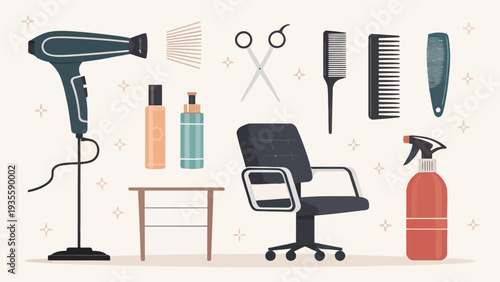 Modern beauty salon tools flat vector set including hair dryer chair products and equipment for hairstyling and grooming services
