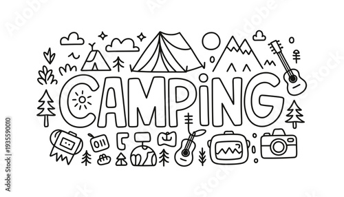 Camping icon illustration with various outdoor adventure elements and objects