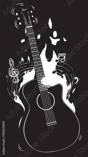 Silhouette of an Acoustic Guitar with Floating Musical Notes on Black Background.