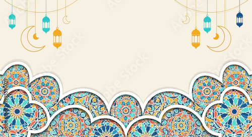 Vibrant Ramadan lanterns hang against ornate patterned background Vector