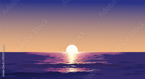 Beautiful vector illustration of a serene ocean sunset with vibrant colors reflecting on the water's surface, creating a tranquil atmosphere