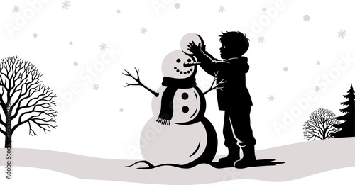 Child building snowman silhouette, winter scene with falling snowflakes, snowy landscape, festive holiday illustration, seasonal outdoor activity, playful winter artwork