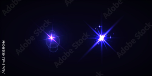 Colorful Star Light Effect Collection with Blue, Golden, and Yellow Glowing Starlight Sparkle Rays and Lens Flare Illumination on Transparent Background
