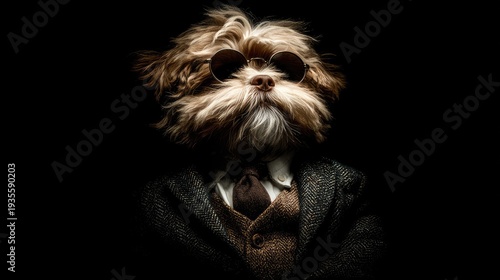 Dog portrait wearing glasses and suit in dramatic lighting on black backdrop