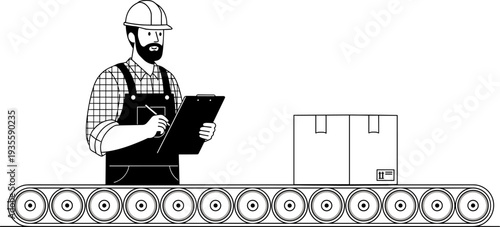 Factory worker inspecting conveyor belt, hard hat safety gear, clipboard notes, cardboard box packaging, industrial process illustration, manufacturing quality control artwork