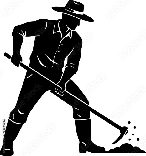 Farmer digging soil with hoe, wearing wide-brimmed hat, agricultural labor silhouette, rural life, manual work, cultivation, farming activity, traditional agriculture illustration