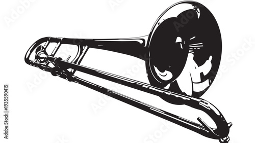 Close up view of a brass trombone emphasizing slide and bell.