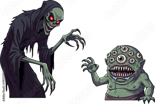 Hooded skeletal monster with glowing red eyes, clawed fingers, sinister grin, green multi-eyed creature with sharp teeth, fantasy horror cartoon illustration