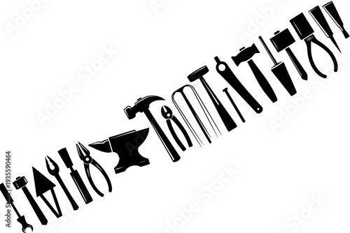A blacksmith tools illustration forming the word 'blacksmith' on a white background