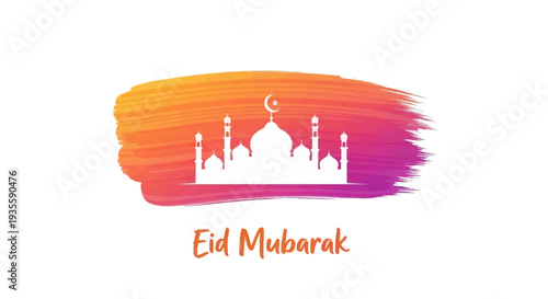 Eid Mubarak celebration with mosque silhouette on colorful background Vector