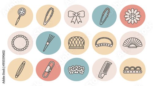 Minimal flat hair accessory icons vector set with colorful backgrounds and simple line drawings