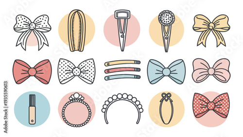 Minimal flat hair accessory icons vector set with bows clips headbands and jewelry on colorful circles