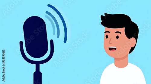 Cartoon of person with microphone on blue background, ready to record a podcast