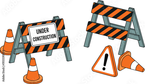 A construction sign and barricades with traffic cones illustration