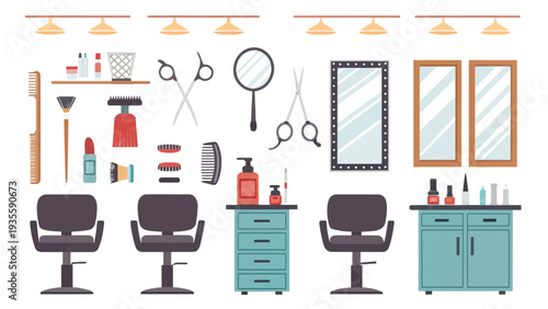 Hair styling workstation elements flat vector set with salon chairs tools and furniture