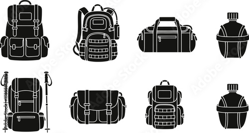 Icon set of various backpack and bag styles for travel and outdoor activities