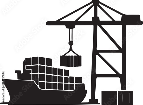 cargo ship with containers being loaded silhouette vector