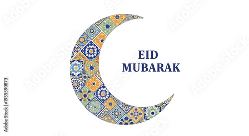 Eid Mubarak celebration with crescent moon and colorful tiles design