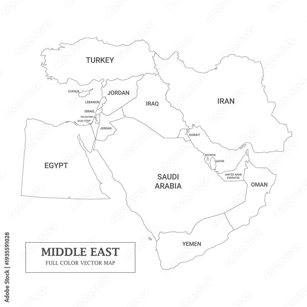 Obraz premium Middle East outline border map and vector illustration on white background printable and decoration. 