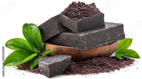 Stacked dark soap bars with green leaves and scattered powder on white