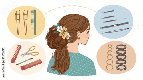 Woman with long brown hair and flowers in a ponytail surrounded by hair styling tools and accessories