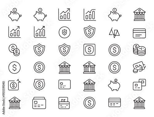 Finance and banking icons piggy bank coins graph building credit card money secure shield dollar payment