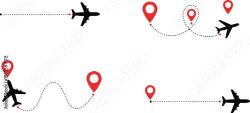 Airplane flight path illustration with dotted travel routes, navigation concept, aviation journey, logistics planning, air travel design, location markers