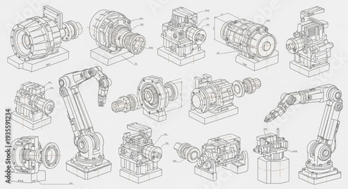 Collection of industrial machinery and robotic arms in line art style.