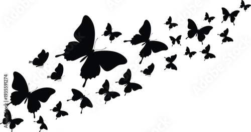 Black butterfly silhouettes flying diagonally, abstract insect pattern, nature design, decorative vector illustration, wildlife art, minimal background, creative composition