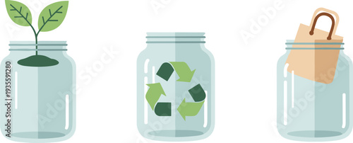 Three glass jars illustrating concepts of growth, recycling, and reuse with simple icons
