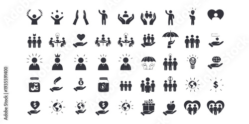 Charity human care outline icons pack. Line signs volunteering and social help, support kindness or friendly relations. Thin vector icons set perfect for web app infographic business social projects. 