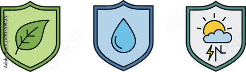 Set of eco-friendly and weather-themed shield icons for environmental protection