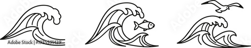 Stylized line art of ocean waves with a fish and a bird in motion