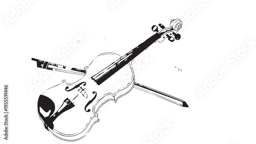 Monochrome sketch of a violin with a bow crossed over its body in a minimalist style.