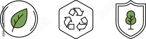 Collection of environmental icons: leaf, recycling symbol, and tree in shield