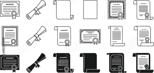 Certificate and Diploma Icon Set featuring Graduation Scrolls, Award Documents, Legal Papyrus, and Achievement Frames in Line Art and Solid Styles