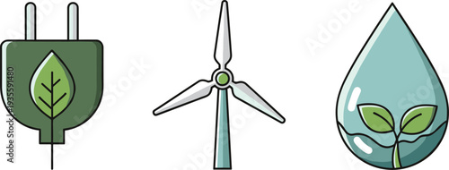 Set of icons representing renewable energy sources: plug, wind turbine, and water drop with plant