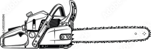 Chainsaw illustration, detailed mechanical drawing, cutting tool vector art, woodworking equipment design, safety training resource, black and white technical diagram isolated