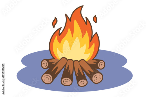 A cartoon campfire with logs and flames burning brightly outdoors