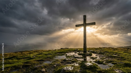 Wallpaper Mural Wooden cross on hilltop under dramatic cloudy sky after rain Torontodigital.ca