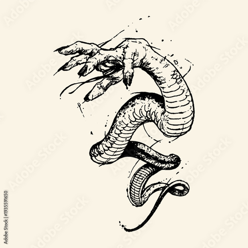 Clawed Hand Gripping Coiled Snake Dark Ink Sketch Illustration