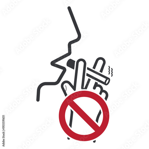 Isolated prohibition sign of hand holding cigarette to mouth symbolizing no smoking rule, smoke restriction, health safety warning