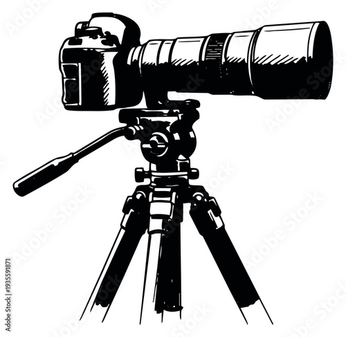 Hand drawn illustration of a camera with a long lens on a tripod depicting stable photography for professional media production